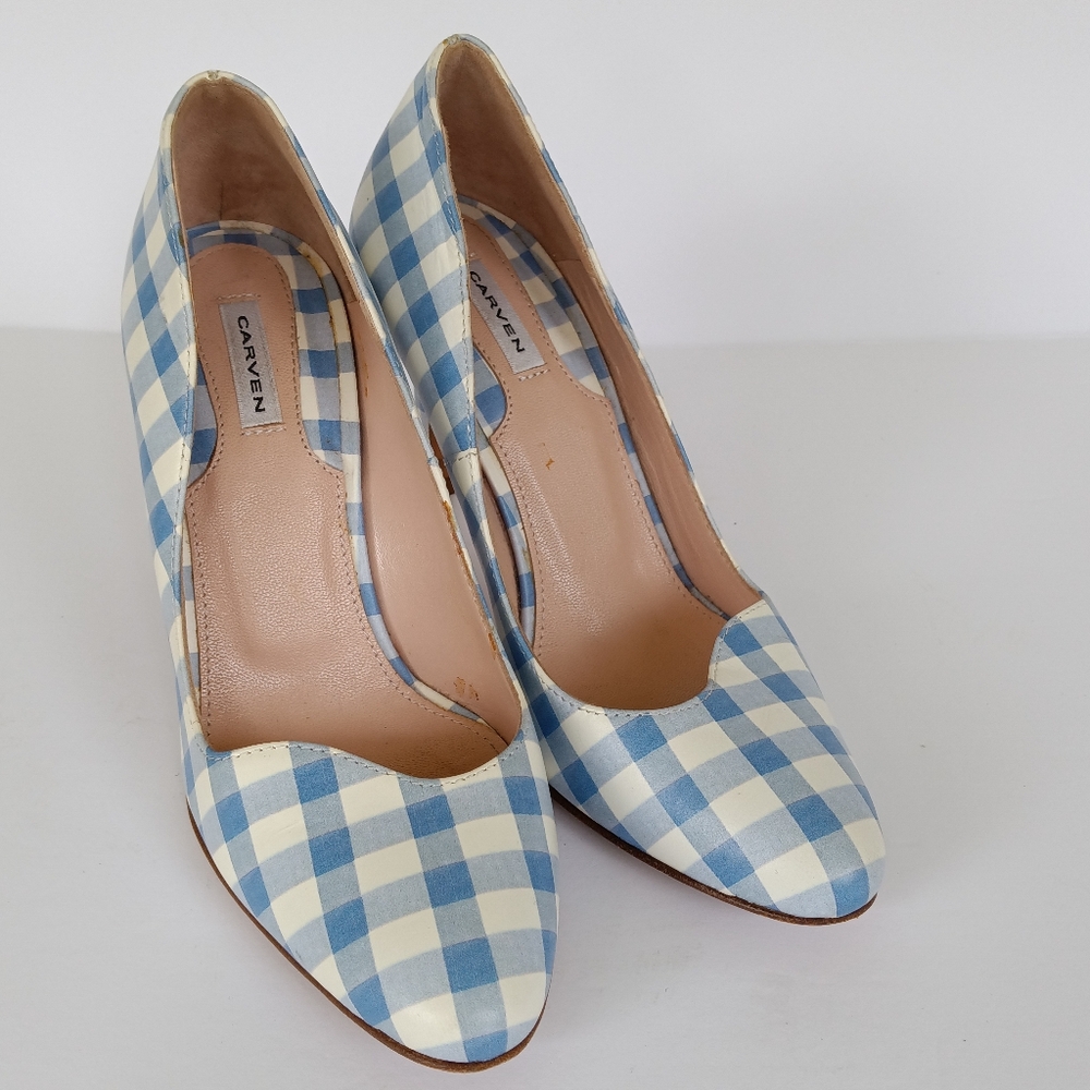 CARVEN Blue & White Gingham Check Leather Heeled Shoes